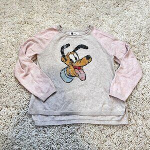 Girls Medium M 8 Pluto Disney Sequined Sweater Raglan Sleeve Pink Tan